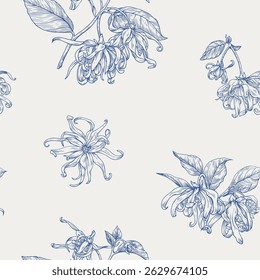 Ylang Ylang flowers, floral seamless pattern. Hand drawn engraved graphics elements. Toile blue beige. Vintage Vector botanical illustration for packaging design, cosmetics, branding, fashion apparel