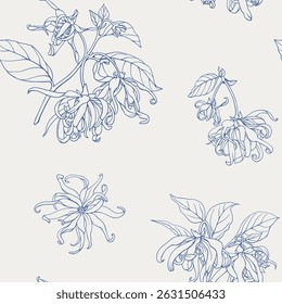 Ylang Ylang flowers Vector seamless pattern. Blue beige. Line art Hand drawn botanical illustration. Background for design cosmetics, perfumery, branding, package, fashion apparel, textile
