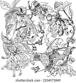 Ylang-ylang und die Java Pipistrelle Fledermäuse. Flora und Fauna. Blumen, die in der Parfümerie verwendet werden. Handgezeichnete Vektorgrafik, T-Shirt-Druck, Tätowierungsdesign, Anti-Stress-Farbbuchseite.