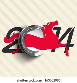 ylish Happy New Year 2014 celebration poster, banner, flyer or poster with Chinese symbol of the year Horse in red color on brown background. 