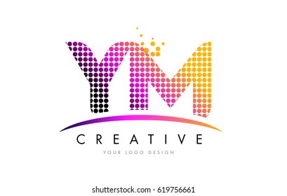 YM Dots Letter Logo Design with Magenta Bubble Circles and Swoosh