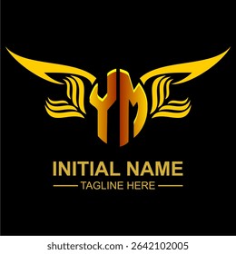 YM Golden Wing Emblem Logo with elegant gold wings, sleek and modern design. Ideal for branding, creative projects, luxury businesses, or artistic ventures.