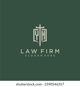 YM initial monogram for law firm with sword and shield logo image