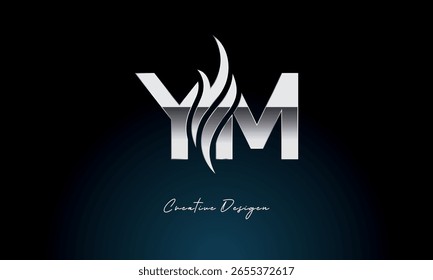Monograma metálico atrevido del logotipo de la llama de la letra de YM con el símbolo del fuego para la marca de Premium Chrome y la identidad visual