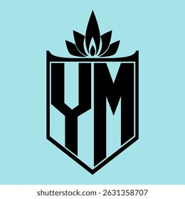 YM Logo featuring a minimalist design with a crown-like flower symbol on top, bold black elements, and a soft blue background, perfect for branding and modern visual identity.
