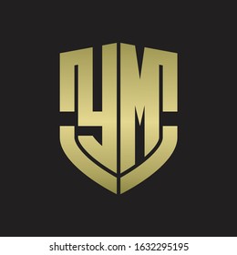 YM Logo monogram with emblem shield shape design isolated gold colors on black background