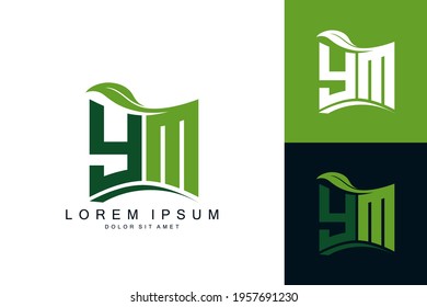 Monograma del logotipo de YM con naturaleza de hoja verde biología orgánica curva forma de diseño de vector premium