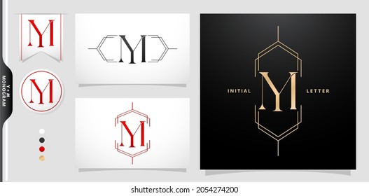 YM or MY initial letter and graphic name, YM or MY Monogram, for Wedding couple monogram, logo company and icon business, with black white color, gold color and gradient red color isolated background