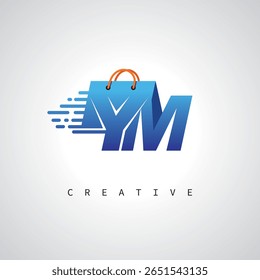 YM Shopping Monogram – Entrega rápida Logotipo de comercio electrónico con el icono del bolso y la marca digital para la tienda en línea, venta al por menor e identidad logística
