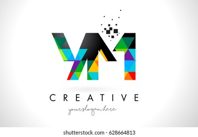 YM Y M Letter Logo with Colorful Vivid Triangles Texture Design Vector Illustration.