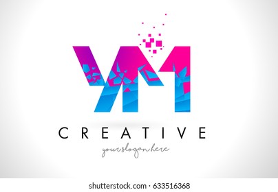 YM Y M Letter Logo with Broken Shattered Blue Pink Triangles Texture Design Vector Illustration.