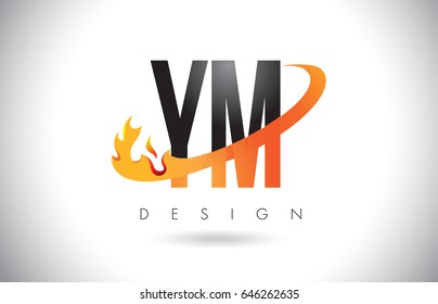 YM Y M Letter Logo Design with Fire Flames and Orange Swoosh Vector Illustration.
