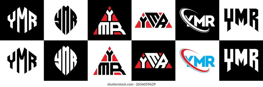 Diseño de logotipo de letra YMR en seis estilos. YMR polígono, círculo, triángulo, hexágono, estilo plano y simple con logo de letra de variación de color blanco y negro en una mesa de trabajo. Logotipo minimalista y clásico de YMR