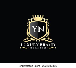 YN Initial Letter Gold calligraphic feminine floral hand drawn heraldic monogram antique vintage style luxury logo design.