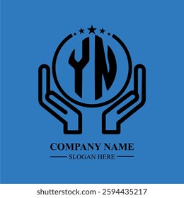 YN initials held within hands, symbolizing trust and protection. The circle represents unity, while stars highlight excellence and ambition.