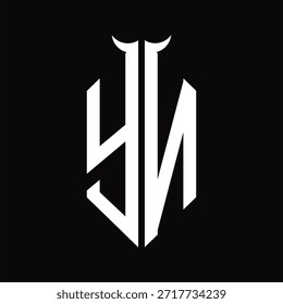 YN-Logo-Monogramm mit Hornform, einzelne schwarz-weiße Designvorlage auf schwarzem Hintergrund