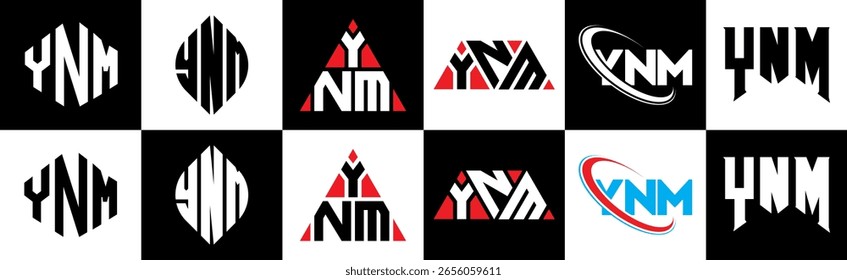 YNM letter logo design in six style. YNM polygon, circle, triangle, hexagon, flat and simple style with black and white color variation letter logo set in one artboard. YNM minimalist and classic logo