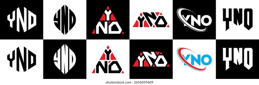 YNO letter logo design in six style. YNO polygon, circle, triangle, hexagon, flat and simple style with black and white color variation letter logo set in one artboard. YNO minimalist and classic logo