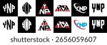 YNP letter logo design in six style. YNP polygon, circle, triangle, hexagon, flat and simple style with black and white color variation letter logo set in one artboard. YNP minimalist and classic logo