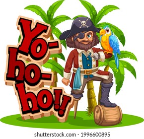 Yo Ho Ho font banner with a pirate man cartoon character illustration