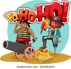 Yo Ho Ho font banner with pirate man cartoon character illustration