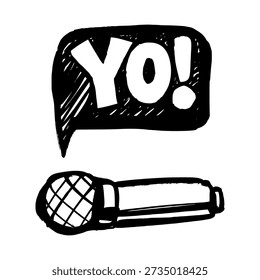 "YO!" speech bubble and microphone graffiti logo. Hand drawn urban street art illustration for hip hop events, podcast branding, and creative music apparel design.