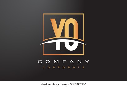 YO Y O Golden Letter Logo Design with Swoosh and Rectangle Square Box Vector Design.