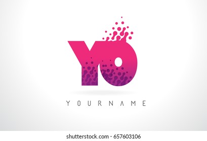 YO Y O Letter Logo with Pink Letters and Purple Color Particles Dots Design.