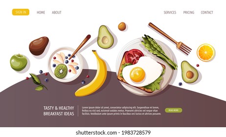 Yoast with omelet, yogurt with fruits, avocado, asparagus. Healthy eating, nutrition, diet, cooking, breakfast menu, fresh food concept. Vector illustration for banner, website, poster.