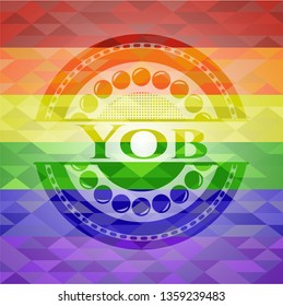 Yob emblem on mosaic background with the colors of the LGBT flag