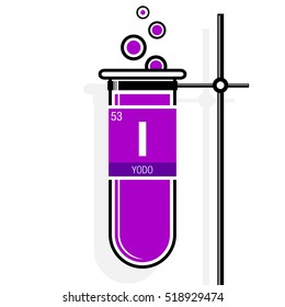 Yodo symbol - Iodine in Spanish language - on label in a magenta test tube with holder. Element number 53 of the Periodic Table of the Elements - Chemistry