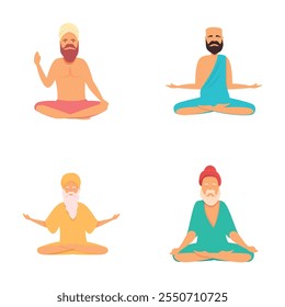 Yog icons set cartoon vector. Meditating man in yoga lotus pose. Culture and tradition