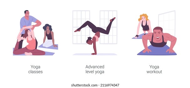 Yoga activities isolated cartoon vector illustrations set. Yoga classes, advanced body control exercise, power workout, lotus pose, healthy lifestyle, strength and endurance training vector cartoon.