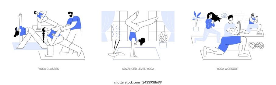 Yoga activities isolated cartoon vector illustrations set. Yoga classes, advanced body control exercise, power workout, lotus pose, healthy lifestyle, strength and endurance training vector cartoon.