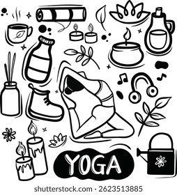 Yoga activity black and white doodle illustration, Yoga set in doodle style. cute cartoon illustrations hand-drawn, Cartoon Doodle of Woman Doing Yoga