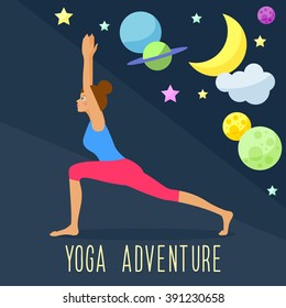 Yoga adventure theme. Trendy flat style. Template for use in design for card, invitation, poster, banner, placard, diary, brochures, notebook, album, sketch book cover