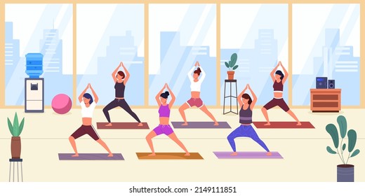 Yoga aerobics class. Funny meditate exercise with fitness coach, physical retreat, women active pilates group, sport gym scuola zen buddhist, vector illustration of fitness exercise by female