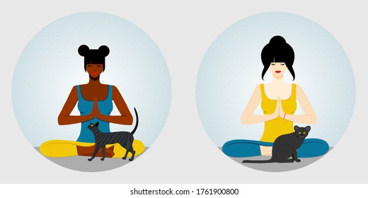 Yoga. African American and European woman sits in a lotus position, cross-legged and meditating. Next to the woman's sits cats. vector illustration.