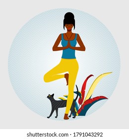 Yoga. African American woman standing in tree pose yoga position and meditating. Next to woman sits cat. vector illustration.