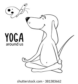 Yoga is all around us. Cartoon positive dog sitting in the lotus position and looking at a butterfly. Contour drawing isolated on a white background. Vector