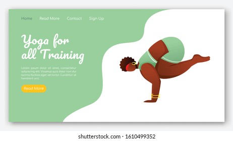 Yoga for all training landing page vector template. Balance sport exercises. Bodypositive website interface idea with flat illustrations. Homepage layout, web banner, webpage cartoon concept