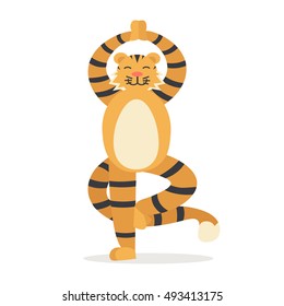 Yoga Animal Tiger. Cute Tigris Does Asana. Flat Design Style. Vector illustration of Cartoon Tiger, Animals Yoga Poses Concept