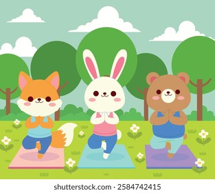 Yoga Animals do yogaRabbit Fox Bear Exercises in nature Vector illustration