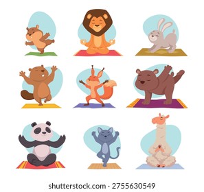 Yoga animals. Animals making outdoor workout exercises and sitting in yoga poses exact vector cartoon characters-01