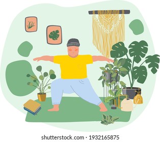 Yoga at any time in lockdown. A fat young men doing Yoga in cozy home. Stay at home. Life style. Body positive. Plant home. Yellow, green illustration. Love your body concept.