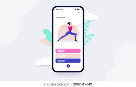 Aplicación de yoga en smartphone - Pantalla de teléfono con aplicación de entrenamiento y cursos. Ilustración del vector