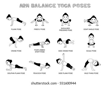 Yoga Arm Balance Poses Vector Illustration Monochrome