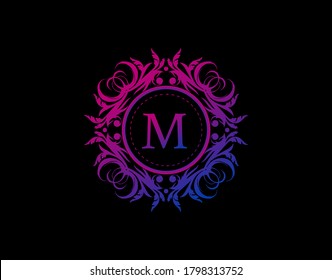 Yoga Art Badge M Letter Logo. Luxury calligraphic emblem with beautiful classy floral ornament. Vintage Heraldic Frame design with blue and magenta color.