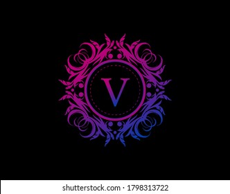 Yoga Art Badge V Letter Logo. Luxury calligraphic emblem with beautiful classy floral ornament. Vintage Heraldic Frame design with blue and magenta color.