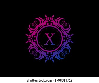 Yoga Art Badge X Letter Logo. Luxury calligraphic emblem with beautiful classy floral ornament. Vintage Heraldic Frame design with blue and magenta color.